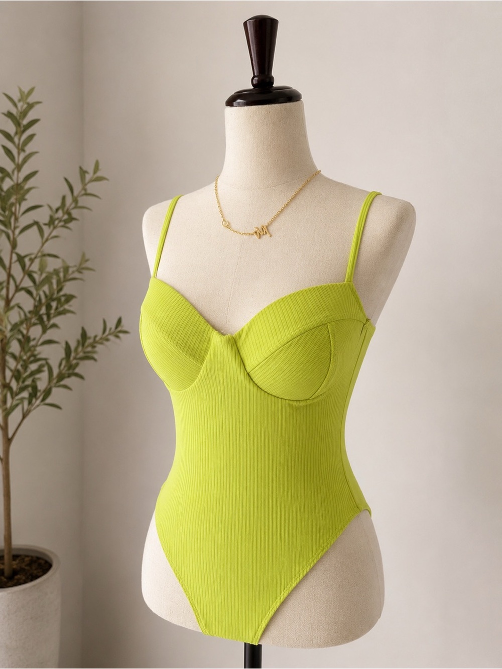 Neon Lime Ribbed Bustier Bodysuit with Underwire - Women - Picture 2 of 7